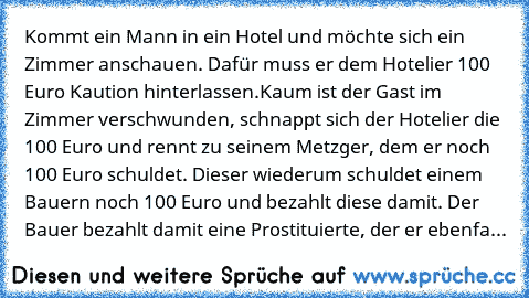 Kommt ein Mann in ein Hotel und möchte sich ein Zimmer anschauen. Dafür muss er dem Hotelier 100 Euro Kaution hinterlassen.
Kaum ist der Gast im Zimmer verschwunden, schnappt sich der Hotelier die 100 Euro und rennt zu seinem Metzger, dem er noch 100 Euro schuldet. Dieser wiederum schuldet einem Bauern noch 100 Euro und bezahlt diese damit. Der Bauer bezahlt damit eine Prostituierte, der er ebenfa...