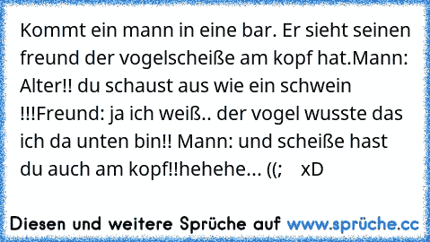 Kommt ein mann in eine bar. Er sieht seinen freund der vogelscheiße am kopf hat.
Mann: Alter!! du schaust aus wie ein schwein !!!
Freund: ja ich weiß.. der vogel wusste das ich da unten bin!! 
Mann: und scheiße hast du auch am kopf!!
hehehe... ((; ♥ ♥ ♥ xD