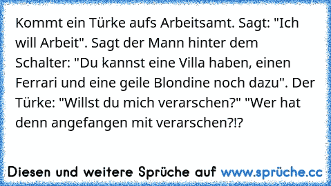 Kommt ein Türke aufs Arbeitsamt. Sagt: "Ich will Arbeit". Sagt der Mann hinter dem Schalter: "Du kannst eine Villa haben, einen Ferrari und eine geile Blondine noch dazu". Der Türke: "Willst du mich verarschen?" "Wer hat denn angefangen mit verarschen?!?