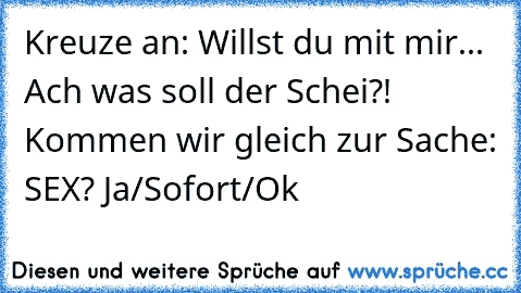 Kreuze an: Willst du mit mir... Ach was soll der Schei?! Kommen wir gleich zur Sache: SEX? Ja/Sofort/Ok