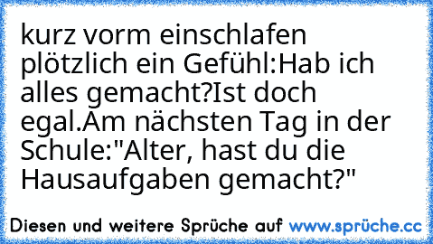 kurz vorm einschlafen plötzlich ein Gefühl:
Hab ich alles gemacht?
Ist doch egal.
Am nächsten Tag in der Schule:
"Alter, hast du die Hausaufgaben gemacht?"