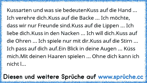 Kussarten und was sie bedeuten
Kuss auf die Hand ... Ich verehre dich.
Kuss auf die Backe ... Ich möchte, dass wir nur Freunde sind.
Kuss auf die Lippen ... Ich liebe dich.
Kuss in den Nacken ... Ich will dich.
Kuss auf die Ohren ... Ich spiele nur mit dir.
Kuss auf die Stirn ... Ich pass auf dich auf.
Ein Blick in deine Augen ... Küss mich.
Mit deinen Haaren spielen ... Ohne dich kann ich nicht l...