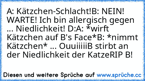 A: Kätzchen-Schlacht!
B: NEIN! WARTE! Ich bin allergisch gegen ... Niedlichkeit! D:
A: *wirft Kätzchen auf B's Face*
B: *nimmt Kätzchen* ... Ouuiiiii
B stirbt an der Niedlichkeit der Katze
RIP B!