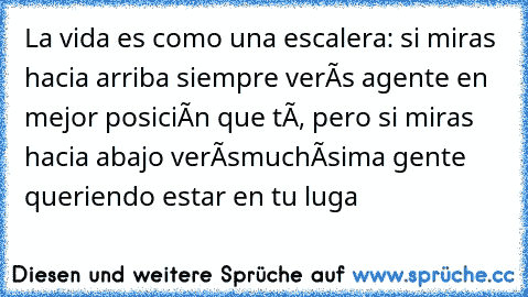 La vida es como una escalera: si miras hacia arriba siempre verás a
gente en mejor posición que tú, pero si miras hacia abajo verás
muchísima gente queriendo estar en tu luga