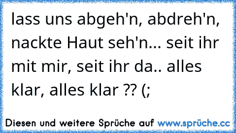 lass uns abgeh'n, abdreh'n, nackte Haut seh'n... seit ihr mit mir, seit ihr da.. alles klar, alles klar ?? (;