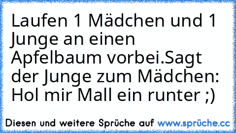 Laufen 1 Mädchen und 1 Junge an einen Apfelbaum vorbei.
Sagt der Junge zum Mädchen: Hol mir Mall ein runter ;)