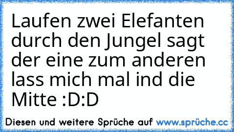 Laufen zwei Elefanten durch den Jungel sagt der eine zum anderen lass mich mal ind die Mitte :D:D