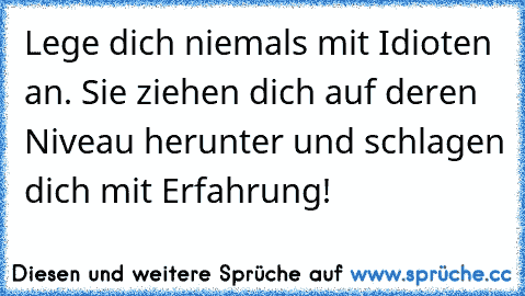 Lege dich niemals mit Idioten an. Sie ziehen dich auf deren Niveau herunter und schlagen dich mit Erfahrung!