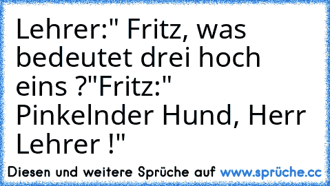 Lehrer:
" Fritz, was bedeutet drei hoch eins ?"
Fritz:
" Pinkelnder Hund, Herr Lehrer !"