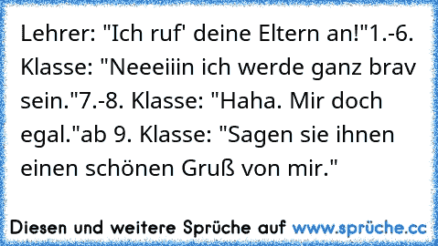 Lehrer: "Ich ruf' deine Eltern an!"
1.-6. Klasse: "Neeeiiin ich werde ganz brav sein."
7.-8. Klasse: "Haha. Mir doch egal."
ab 9. Klasse: "Sagen sie ihnen einen schönen Gruß von mir."