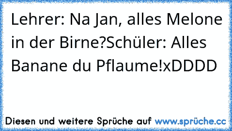 Lehrer: Na Jan, alles Melone in der Birne?
Schüler: Alles Banane du Pflaume!
xDDDD