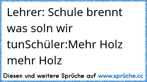 Lehrer: Schule brennt was soln wir tun
Schüler:Mehr Holz mehr Holz