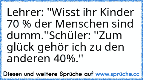 Lehrer: ''Wisst ihr Kinder 70 % der Menschen sind dumm.''
Schüler: ''Zum glück gehör ich zu den anderen 40%.''