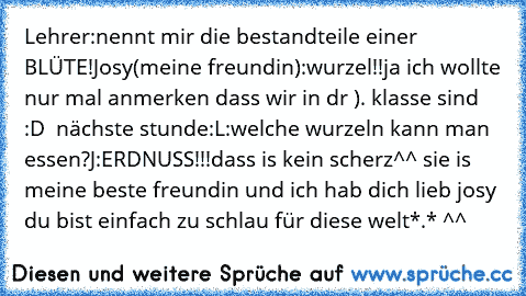 Lehrer:nennt mir die bestandteile einer BLÜTE!
Josy(meine freundin):wurzel!!
ja ich wollte nur mal anmerken dass wir in dr ). klasse sind :D
  nächste stunde:
L:welche wurzeln kann man essen?
J:ERDNUSS!!!
dass is kein scherz^^ sie is meine beste freundin und ich hab dich lieb josy♥ du bist einfach zu schlau für diese welt*.* ^^