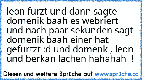 leon furzt und dann sagte domenik baah es webriert und nach paar sekunden sagt domenik baah einer hat gefurtzt :d und domenk , leon und berkan lachen hahahah  !