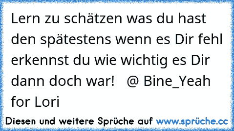 Lern zu schätzen was du hast den spätestens wenn es Dir fehl erkennst du wie wichtig es Dir dann doch war!   @ Bine_Yeah for Lori