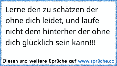 Lerne den zu schätzen der ohne dich leidet, und laufe nicht dem hinterher der ohne dich glücklich sein kann!!!