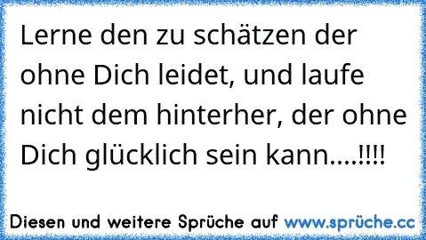 Lerne den zu schätzen der ohne Dich leidet, und laufe nicht dem hinterher, der ohne Dich glücklich sein kann....!!!!