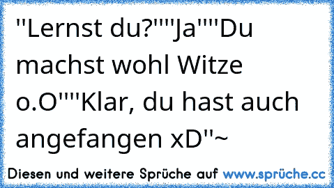 ''Lernst du?''
''Ja''
''Du machst wohl Witze o.O''
''Klar, du hast auch angefangen xD''
~