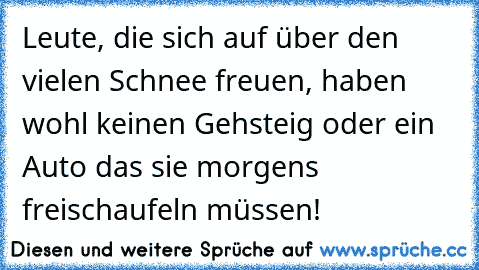 Leute, die sich auf über den vielen Schnee freuen, haben wohl keinen Gehsteig oder ein Auto das sie morgens freischaufeln müssen!