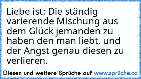 Liebe ist: Die ständig varierende Mischung aus dem Glück jemanden zu haben den man liebt, und der Angst genau diesen zu verlieren.