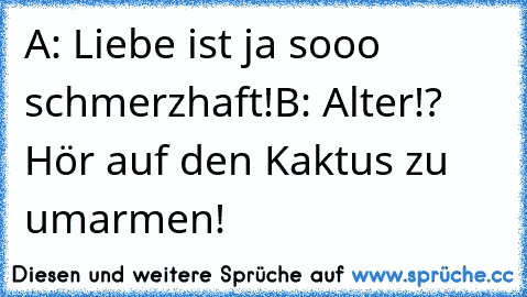 A: Liebe ist ja sooo schmerzhaft!
B: Alter!? Hör auf den Kaktus zu umarmen!