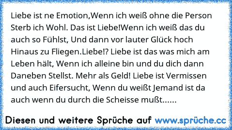 Liebe ist ne´ Emotion,
Wenn ich weiß ohne die Person Sterb ich Wohl. Das ist Liebe!
Wenn ich weiß das du auch so Fühlst, Und dann vor lauter Glück hoch Hinaus zu Fliegen.Liebe!? Liebe ist das was mich am Leben hält, Wenn ich alleine bin und du dich dann Daneben Stellst. Mehr als Geld! Liebe ist Vermissen und auch Eifersucht, Wenn du weißt Jemand ist da auch wenn du durch die Scheisse mußt......