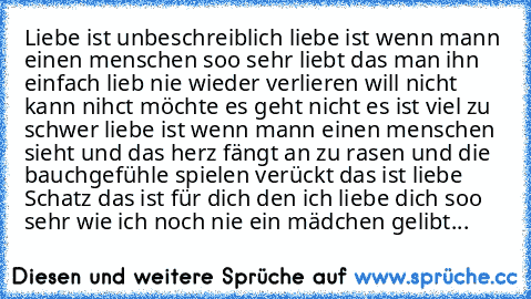 Liebe ist unbeschreiblich liebe ist wenn mann einen menschen soo sehr liebt das man ihn einfach lieb nie wieder verlieren will nicht kann nihct möchte es geht nicht es ist viel zu schwer liebe ist wenn mann einen menschen sieht und das herz fängt an zu rasen und die bauchgefühle spielen verückt das ist liebe Schatz das ist für dich den ich liebe dich soo sehr wie ich noch nie ein mädchen gelibt...