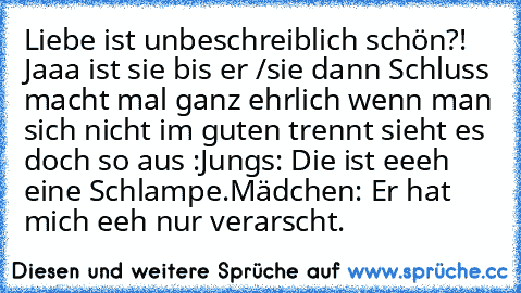 Liebe ist unbeschreiblich schön?! Jaaa ist sie bis er /sie dann Schluss macht mal ganz ehrlich wenn man sich nicht im guten trennt sieht es doch so aus :
Jungs: Die ist eeeh eine Schlampe.
Mädchen: Er hat mich eeh nur verarscht.