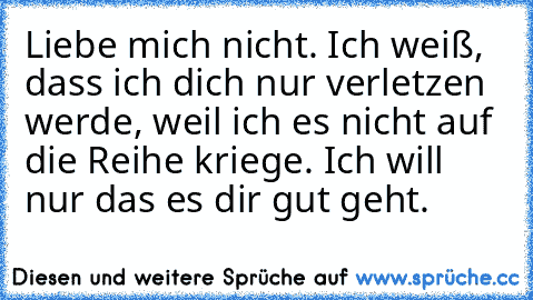 Liebe mich nicht. Ich weiß, dass ich dich nur verletzen werde, weil ich es nicht auf die Reihe kriege. Ich will nur das es dir gut geht.