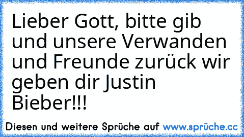 Lieber Gott, bitte gib und unsere Verwanden und Freunde zurück wir geben dir Justin Bieber!!!