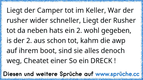 Liegt der Camper tot im Keller, War der rusher wider schneller, Liegt der Rusher tot da neben hats ein 2. wohl gegeben, is der 2. aus schon tot, kahm die awp auf ihrem boot, sind sie alles denoch weg, Cheatet einer So ein DRECK !