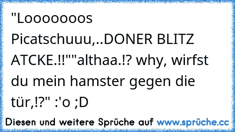 "Looooooos Picatschuuu,..DONER BLITZ ATCKE.!!"
"althaa.!? why, wirfst du mein hamster gegen die tür,!?" :'o 
;D