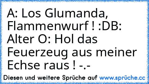 A: Los Glumanda, Flammenwurf ! :D
B: Alter O: Hol das Feuerzeug aus meiner Echse raus ! -.-