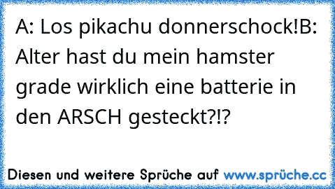 A: Los pikachu donnerschock!
B: Alter hast du mein hamster grade wirklich eine batterie in den ARSCH gesteckt?!?