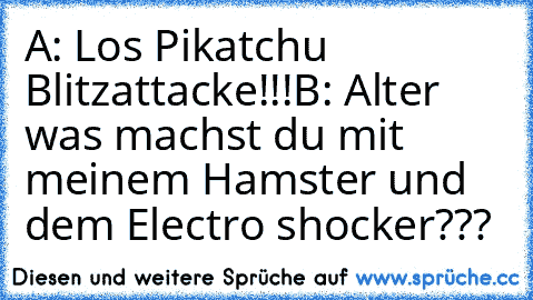 A: Los Pikatchu Blitzattacke!!!
B: Alter was machst du mit meinem Hamster und dem Electro shocker???