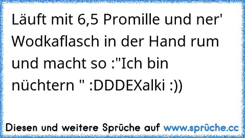 Läuft mit 6,5 Promille und ner' Wodkaflasch in der Hand rum und macht so :"Ich bin nüchtern " :DDD
EXalki :)) ♥