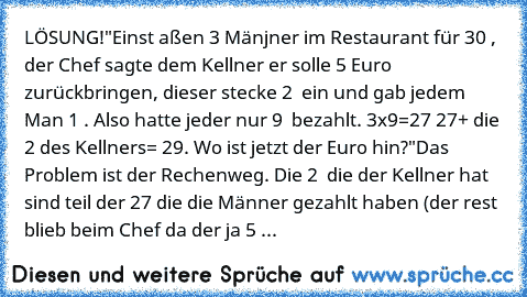 LÖSUNG!
"Einst aßen 3 Mänjner im Restaurant für 30 €, der Chef sagte dem Kellner er solle 5 Euro zurückbringen, dieser stecke 2 € ein und gab jedem Man 1 €. Also hatte jeder nur 9 € bezahlt. 3x9=27 27+ die 2€ des Kellners= 29. Wo ist jetzt der Euro hin?"
Das Problem ist der Rechenweg. Die 2 € die der Kellner hat sind teil der 27€ die die Männer gezahlt haben (der rest blieb beim Chef da der ja ...