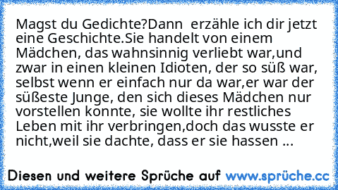 Magst du Gedichte?
Dann  erzähle ich dir jetzt eine Geschichte.
Sie handelt von einem Mädchen, das wahnsinnig verliebt war,
und zwar in einen kleinen Idioten, ♥
der so süß war, selbst wenn er einfach nur da war,
er war der süßeste Junge, den sich dieses Mädchen nur vorstellen konnte,
 sie wollte ihr restliches Leben mit ihr verbringen,
doch das wusste er nicht,
weil sie dachte, dass er sie hassen ...