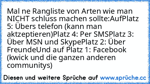 Mal ne Rangliste von Arten wie man NICHT schluss machen sollte:
Auf
Platz 5: Übers telefon (kann man aktzeptieren)
Platz 4: Per SMS
Platz 3: Über MSN und Skype
Platz 2: Über Freunde
Und auf Platz 1: Facebook (kwick und die ganzen anderen communitys)