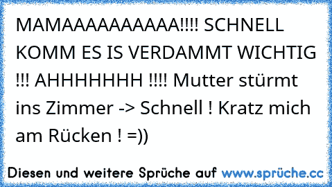 MAMAAAAAAAAAA!!!! SCHNELL KOMM ES IS VERDAMMT WICHTIG !!! AHHHHHHH !!!! Mutter stürmt ins Zimmer -> Schnell ! Kratz mich am Rücken ! =))