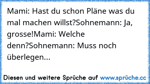 Mami: Hast du schon Pläne was du mal machen willst?
Sohnemann: Ja, grosse!
Mami: Welche denn?
Sohnemann: Muss noch überlegen...