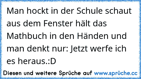 Man hockt in der Schule schaut aus dem Fenster hält das Mathbuch in den Händen und man denkt nur: Jetzt werfe ich es heraus.:D