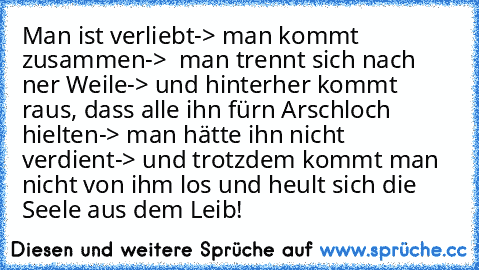 Man ist verliebt-> man kommt zusammen->  man trennt sich nach ´ner Weile-> und hinterher kommt raus, dass alle ihn für´n Arschloch hielten-> man hätte ihn nicht verdient-> und trotzdem kommt man nicht von ihm los und heult sich die Seele aus dem Leib!