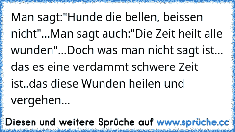 Man sagt:"Hunde die bellen, beissen nicht"...
Man sagt auch:"Die Zeit heilt alle wunden"...
Doch was man nicht sagt ist... das es eine verdammt schwere Zeit ist..das diese Wunden heilen und vergehen...