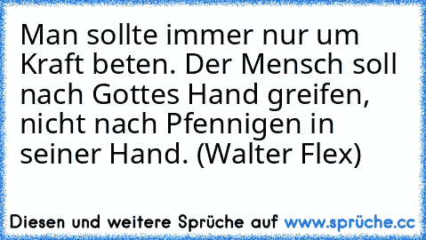 Man sollte immer nur um Kraft beten. Der Mensch soll nach Gottes Hand greifen, nicht nach Pfennigen in seiner Hand. (Walter Flex)