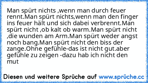 Man spürt nichts ,wenn man durch feuer rennt.Man spürt nichts,wenn man den finger ins feuer hält und sich dabei verbrennt.Man spürt nicht ,ob kalt ob warm.Man spürt nicht ,die wunden am Arm.Man spürt weder angst noch bang.Man spürt nicht den biss der zange.Ohne gefühle-das ist nicht gut.aber gefühle zu zeigen -dazu hab ich nicht den mut