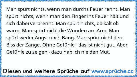 Man spürt nichts, wenn man durchs Feuer rennt. Man spürt nichts, wenn man den Finger ins Feuer hält und sich dabei verbrennt. Man spürt nichts, ob kalt ob warm. Man spürt nicht die Wunden am Arm. Man spürt weder Angst noch Bang. Man spürt nicht den Biss der Zange. Ohne Gefühle - das ist nicht gut. Aber Gefühle zu zeigen - dazu hab ich nie den Mut.