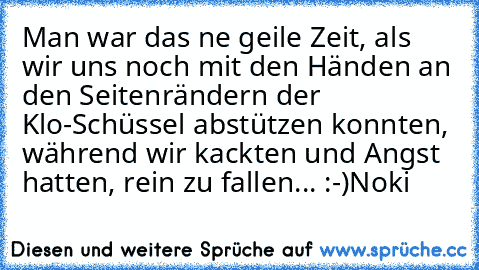 Man war das ne geile Zeit, als wir uns noch mit den Händen an den Seitenrändern der Klo-Schüssel abstützen konnten, während wir kackten und Angst hatten, rein zu fallen... :-)
Noki