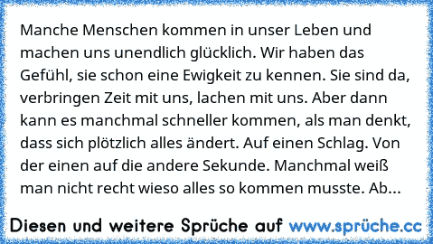 Manche Menschen kommen in unser Leben und machen uns unendlich glücklich. Wir haben das Gefühl, sie schon eine Ewigkeit zu kennen. Sie sind da, verbringen Zeit mit uns, lachen mit uns. Aber dann kann es manchmal schneller kommen, als man denkt, dass sich plötzlich alles ändert. Auf einen Schlag. Von der einen auf die andere Sekunde. Manchmal weiß man nicht recht wieso alles so kommen musste. Ab...